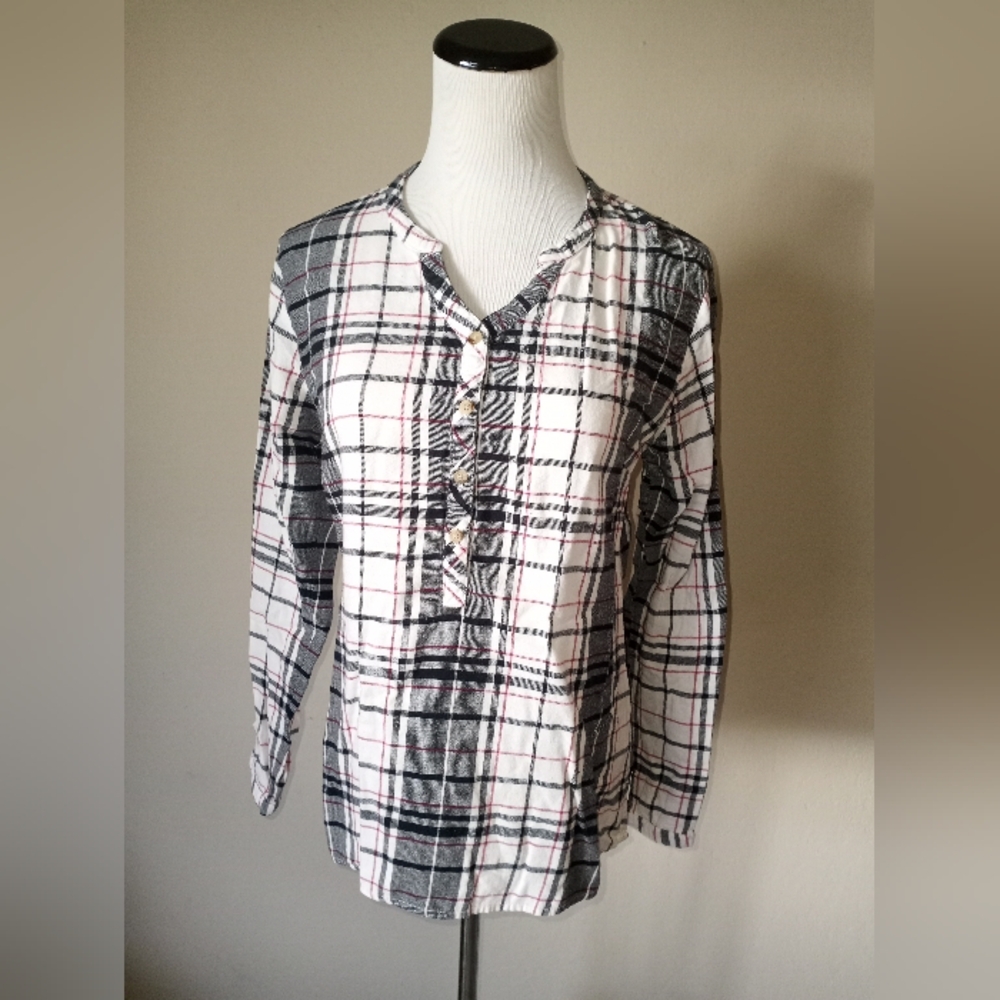 Cosmo&CoCasual Plaid Henley Long-Sleeve Blouse - White/Black/Pink